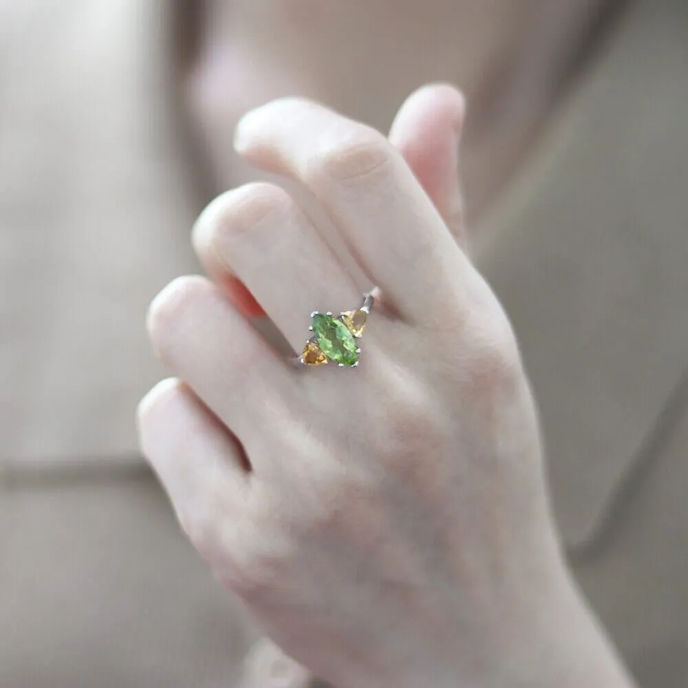 Peridot and Citrine Stone Retro Style 925 Sterling Silver Ring