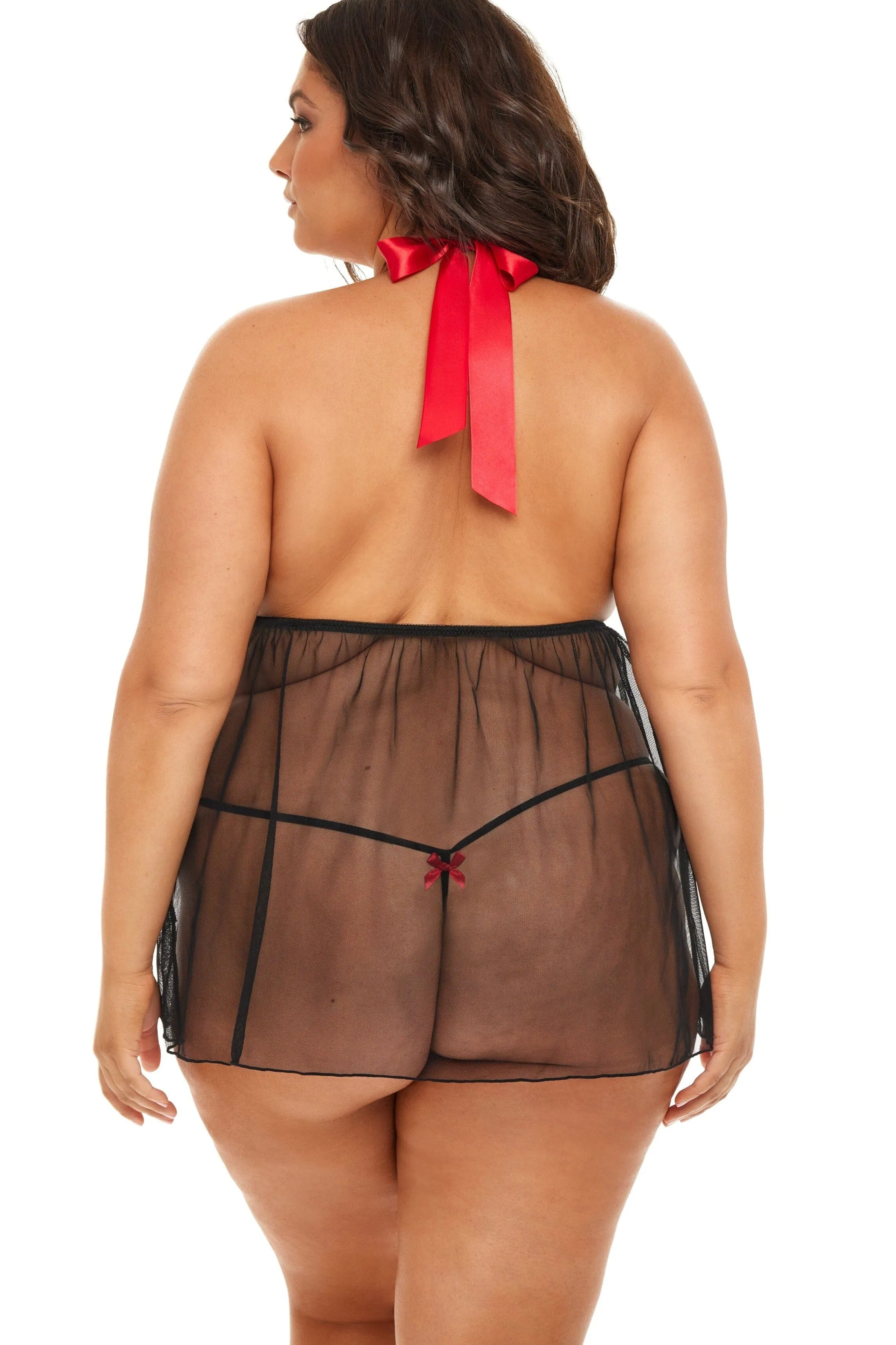 Plus Size Mesh Halter Babydoll With Satin Waist Bow Tie