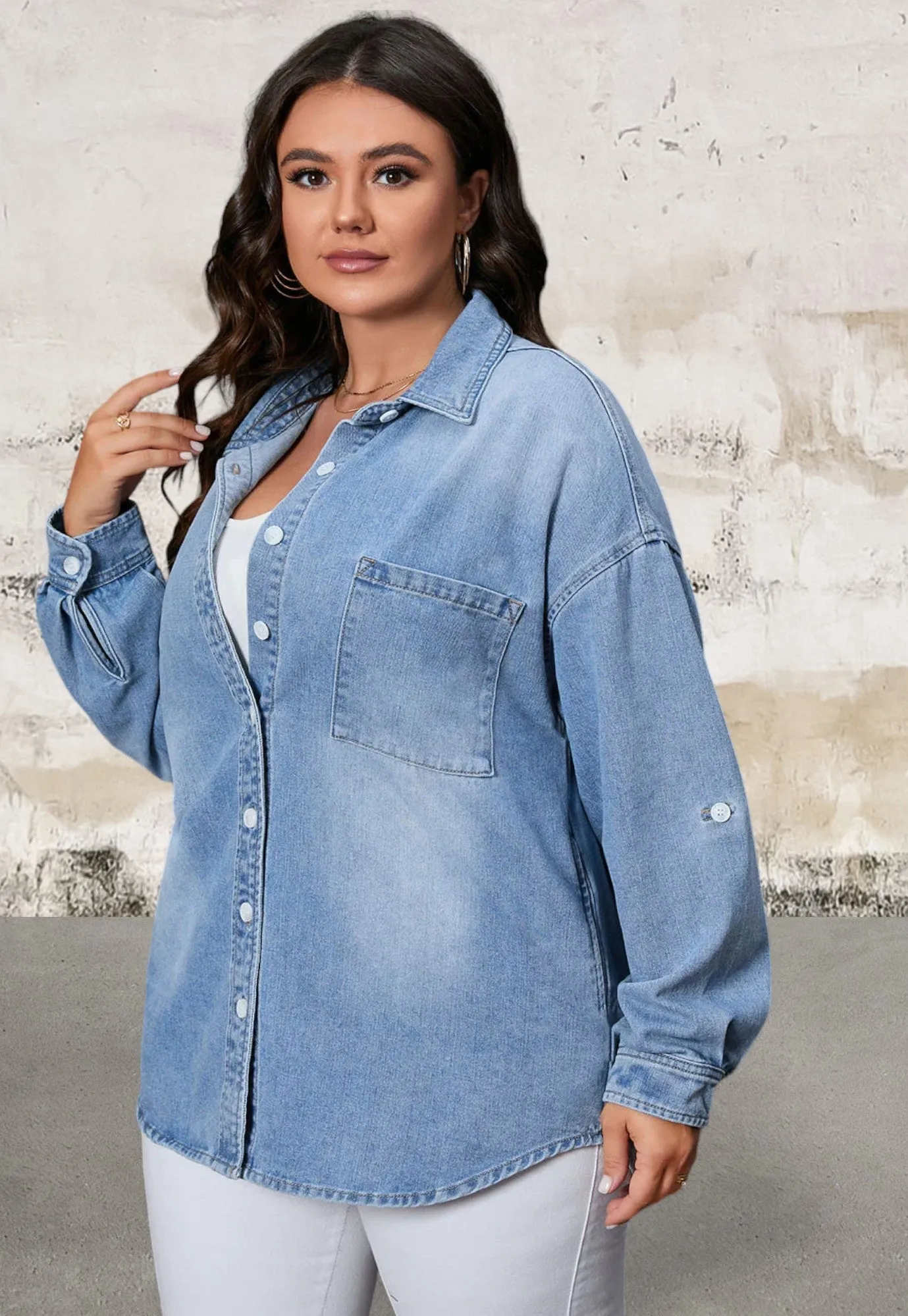 Plus Size Sky Blue Chest Pocket Button-Up Denim Shacket