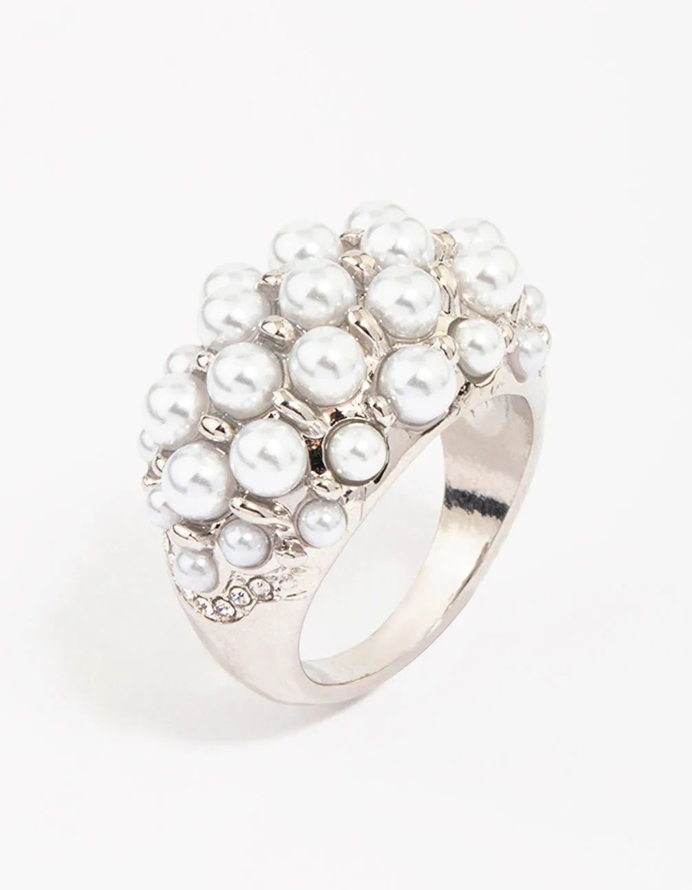 Rhodium Domed Pearl Cocktail Ring