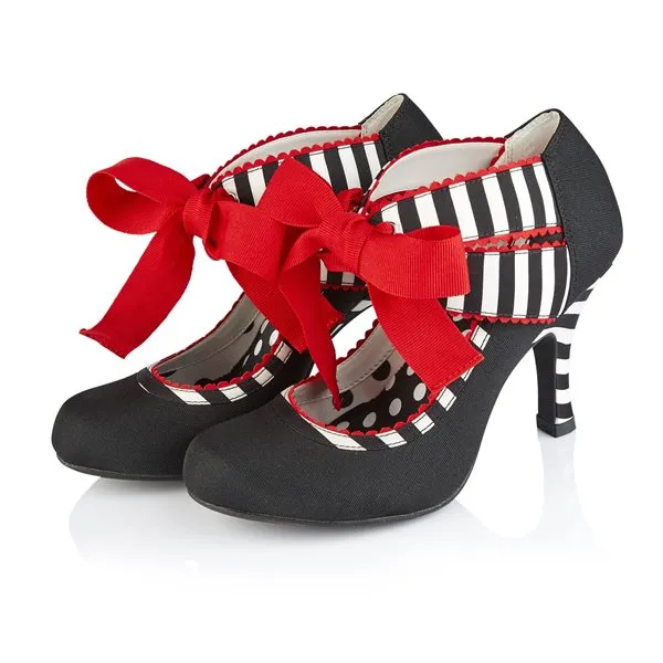 Ruby Shoo Black and White Stripe Red Ribbon Tie Court Shoes