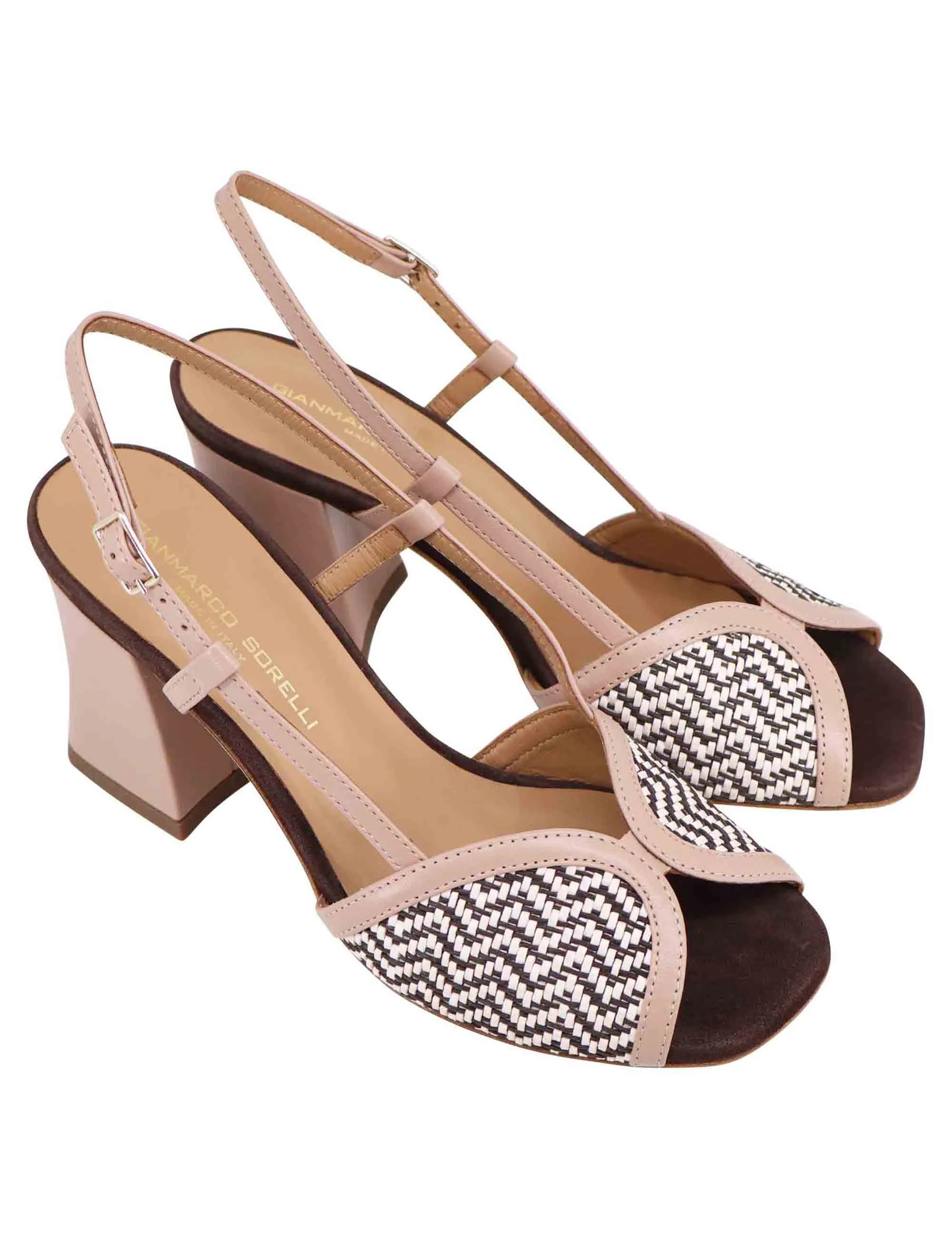 Sandali donna slingback in pelle cipra bicolore con tacco alto