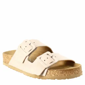 Sandalo doppia fibbia da donna in pelle scamosciata beige