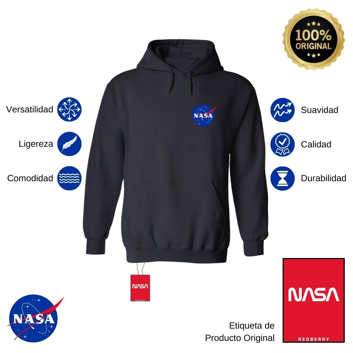 Sudadera Hombre Hoodie Nasa Logo Espacial Escudo