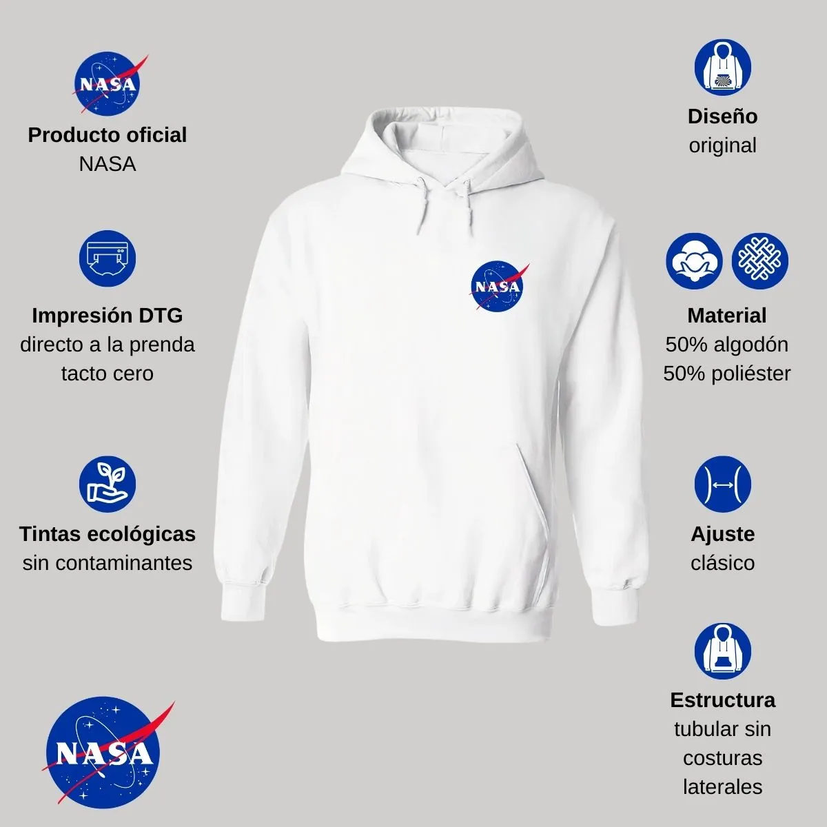 Sudadera Hombre Hoodie Nasa Logo Espacial Escudo