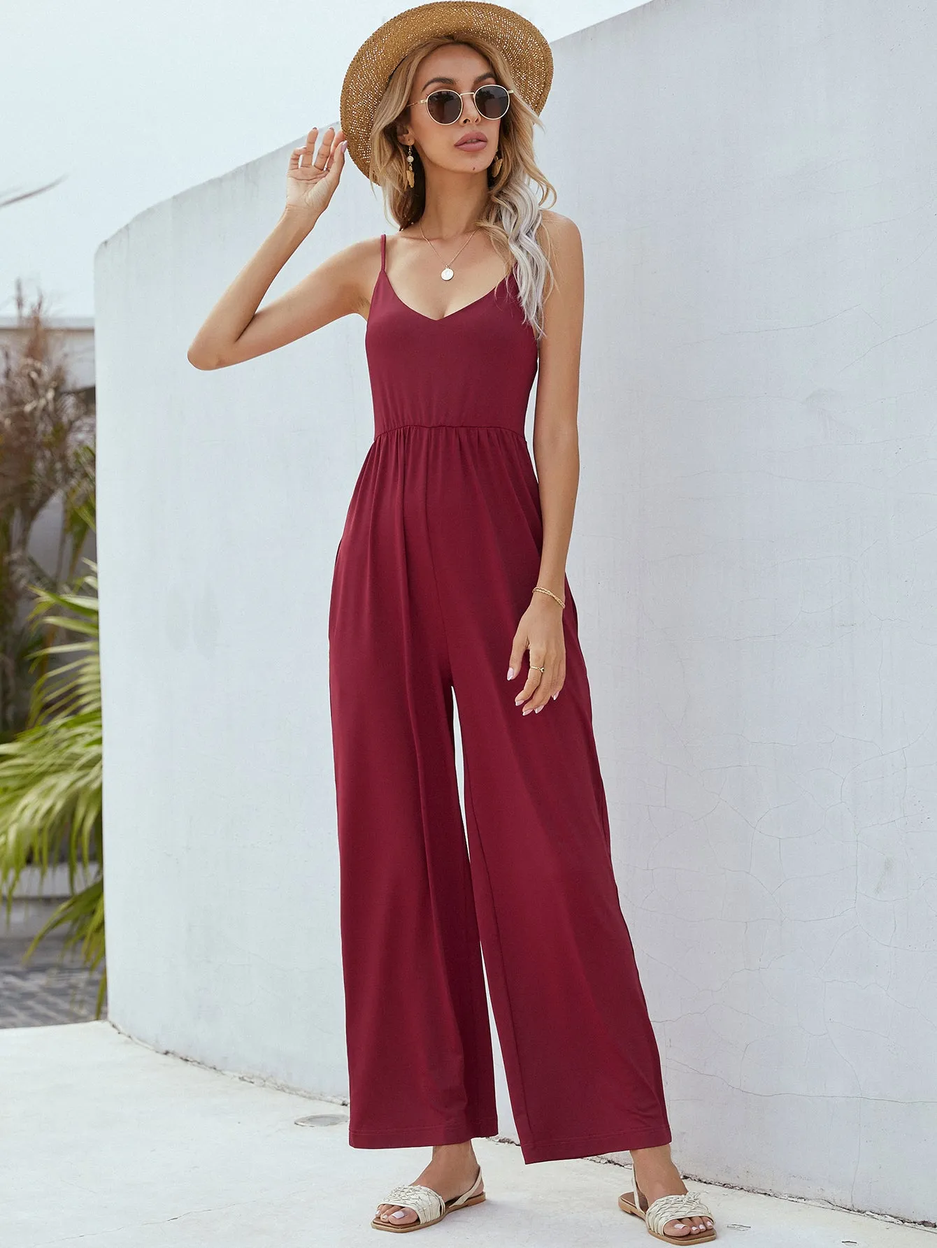 Sunset and Swim Adjustable Spaghetti Strap Jumpsuit with Pockets