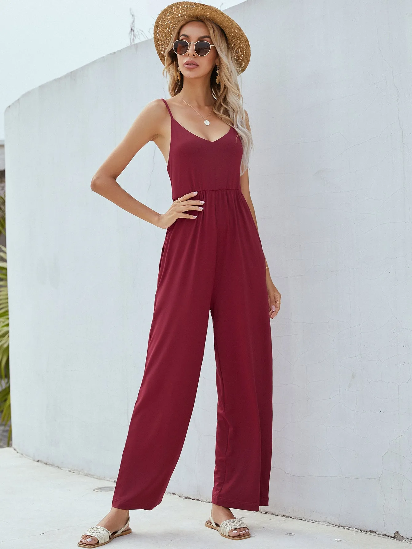 Sunset and Swim Adjustable Spaghetti Strap Jumpsuit with Pockets