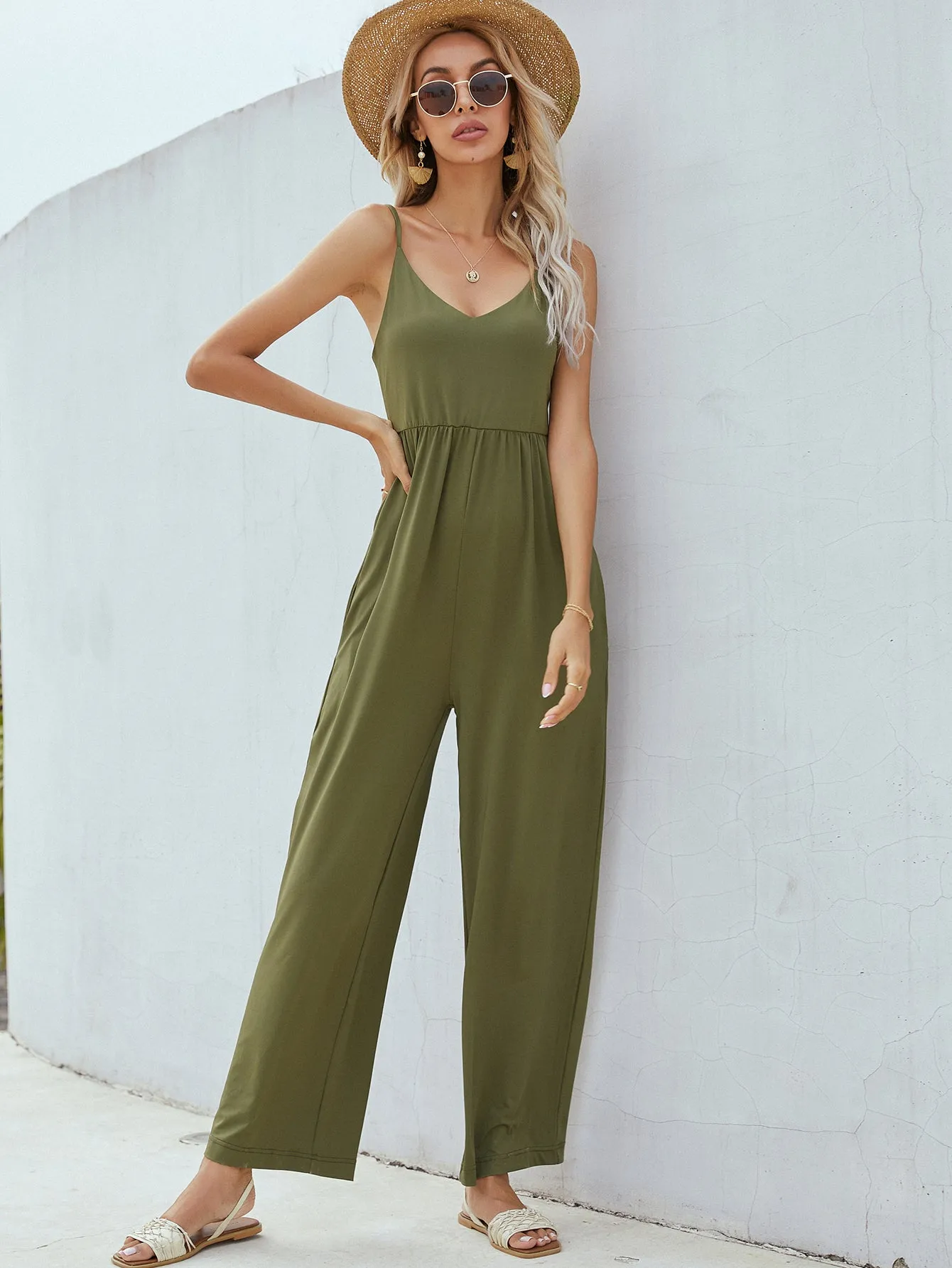 Sunset and Swim Adjustable Spaghetti Strap Jumpsuit with Pockets