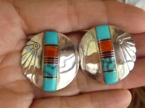 Vintage Southwestern Native American Made Sterling Silver Turquoise Coral Earrings (BOX88)