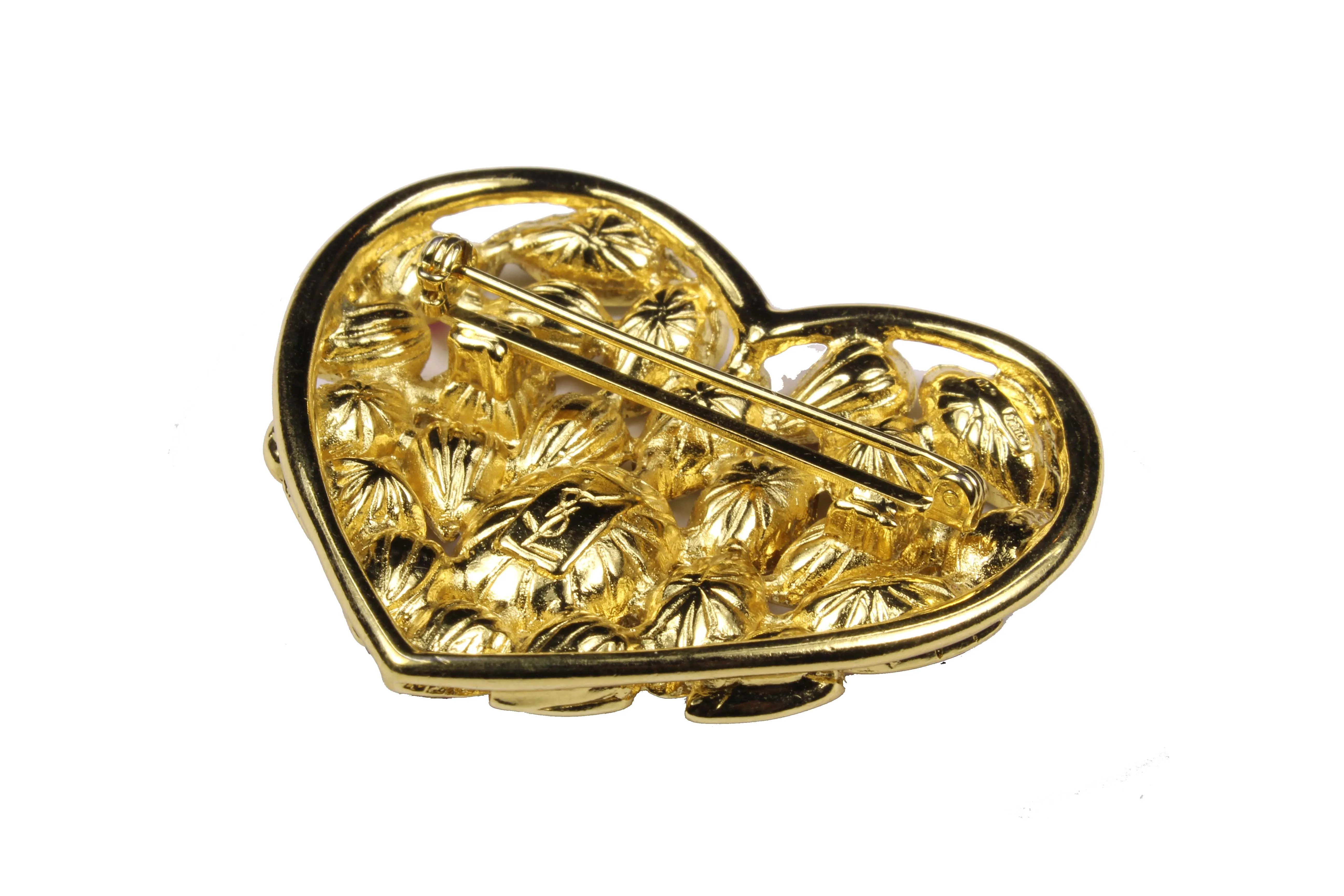 YVES SAINT LAURENT gold heart multicolor rhinestone brooch